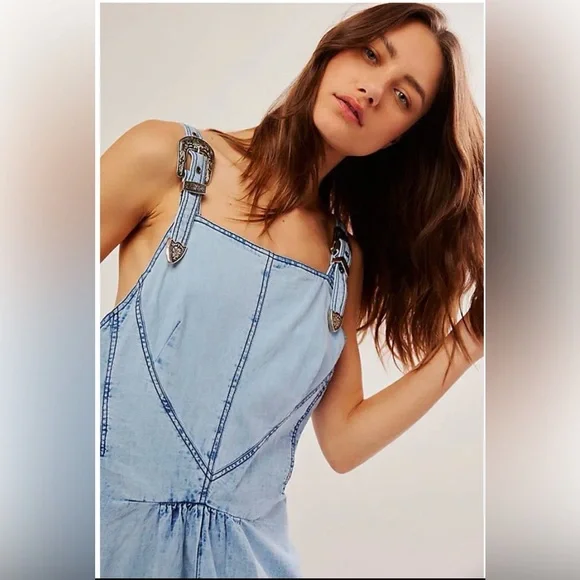 Free People Stars Align Midi Dress, Denim, Fit & Flare Dress, Blue, Size 4 - Picture 6 of 12